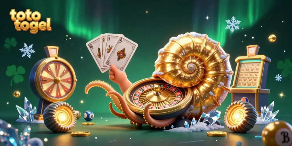 Experience thrilling toto togel gameplay with ancient nautilus, glowing ammonite companions, and vibrant lottery elements.