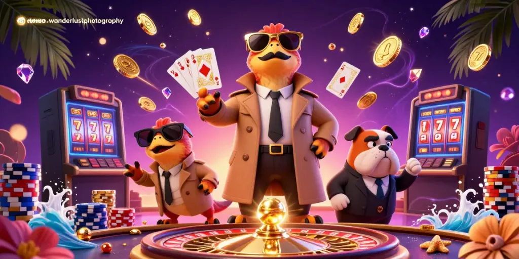 Engaging scene depicting playful raptors at a casino, representing atouchofwanderlustphotography.