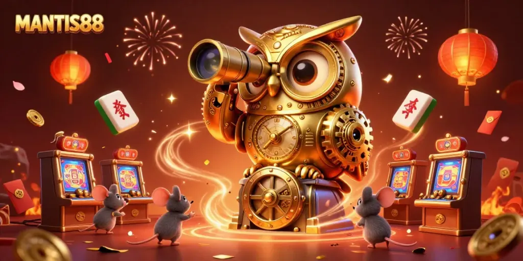 Experience the excitement of MANTIS88 with animated characters and vibrant casino elements.