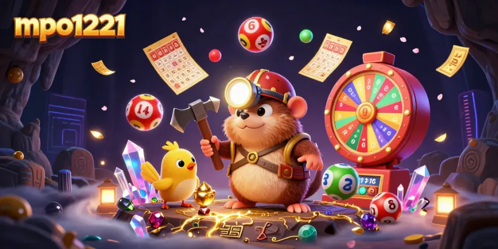 Engage with mpo1221 in a vibrant treasure hunting scene full of dynamic lottery elements and excitement.