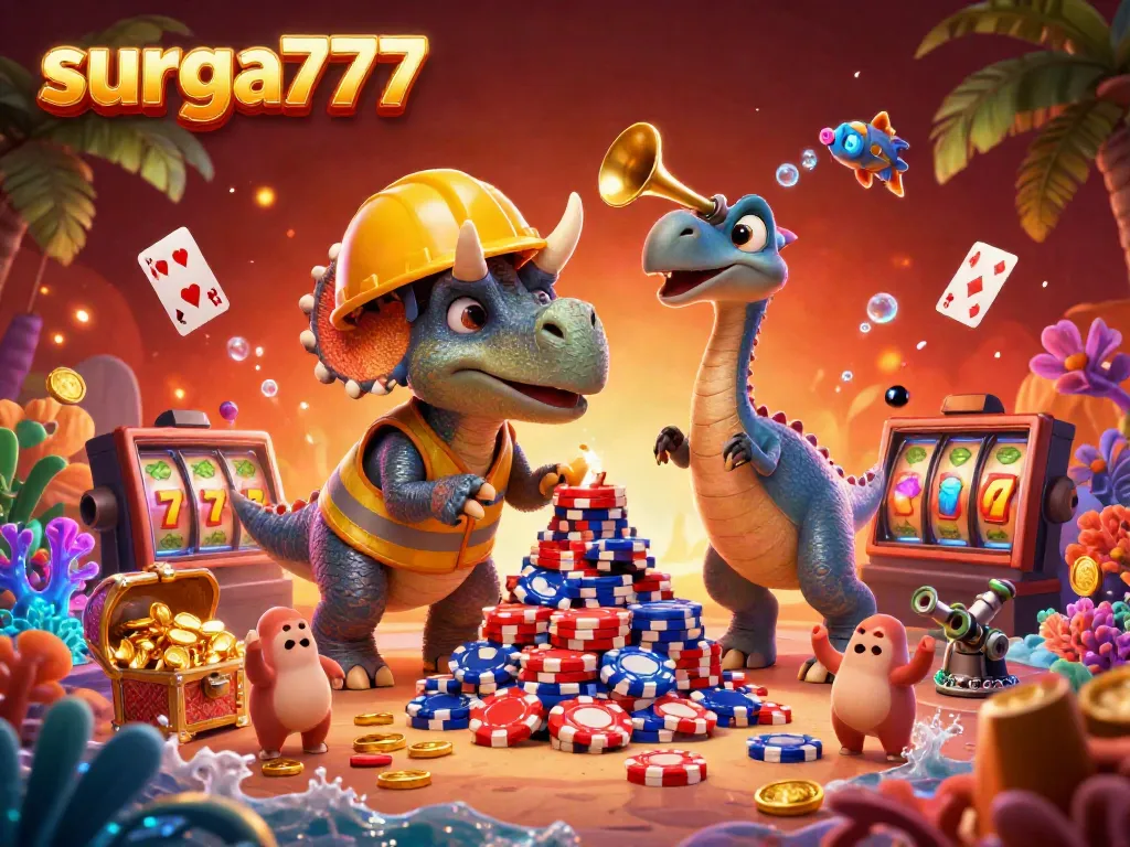 Celebrate wins at surga777 with a dynamic slot scene featuring triceratops and casino elements!
