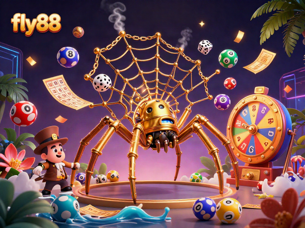 Win at fly88 with a thrilling 3D casino scene featuring a steampunk golden spider and dynamic game elements.
