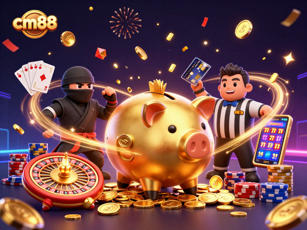 Experience thrilling wins at cm88 with dynamic casino characters amid sparkling gold and vibrant gameplay.