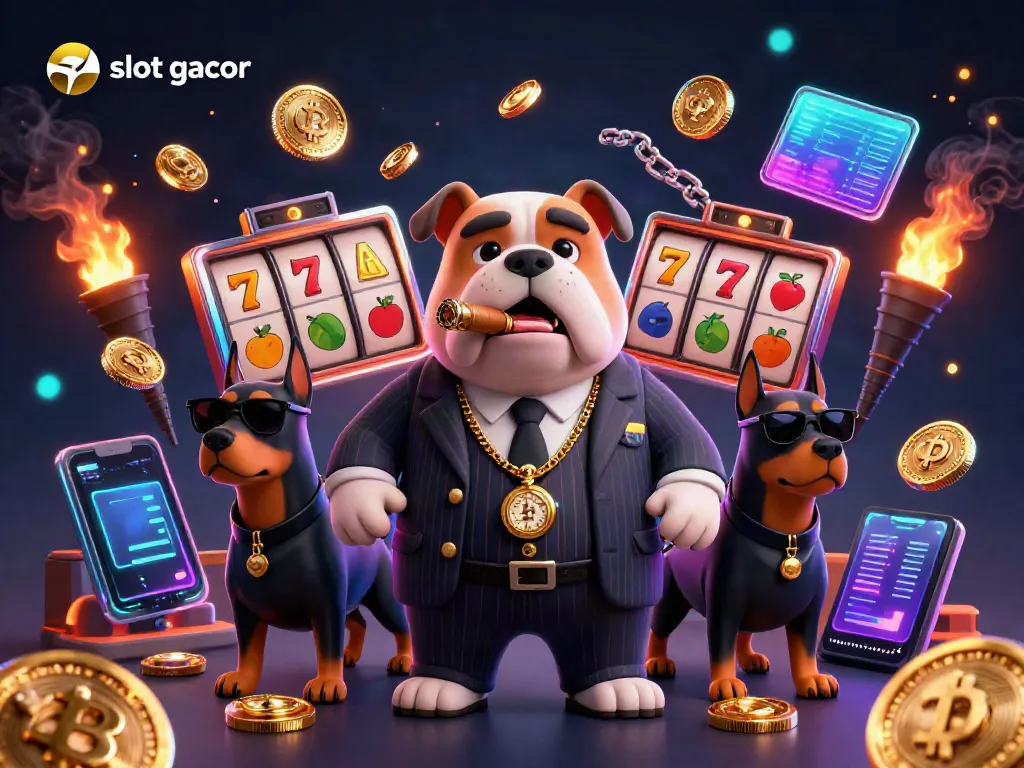 Engage in slot gacor excitement with a mafia dog and bodyguard Dobermans surrounded by glowing crypto and slot elements.