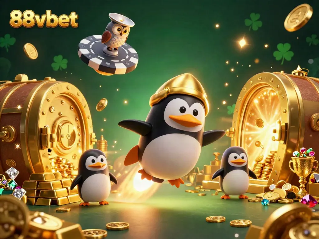Experience winning with 88vbet as a golden penguin navigates a vibrant casino-themed universe.