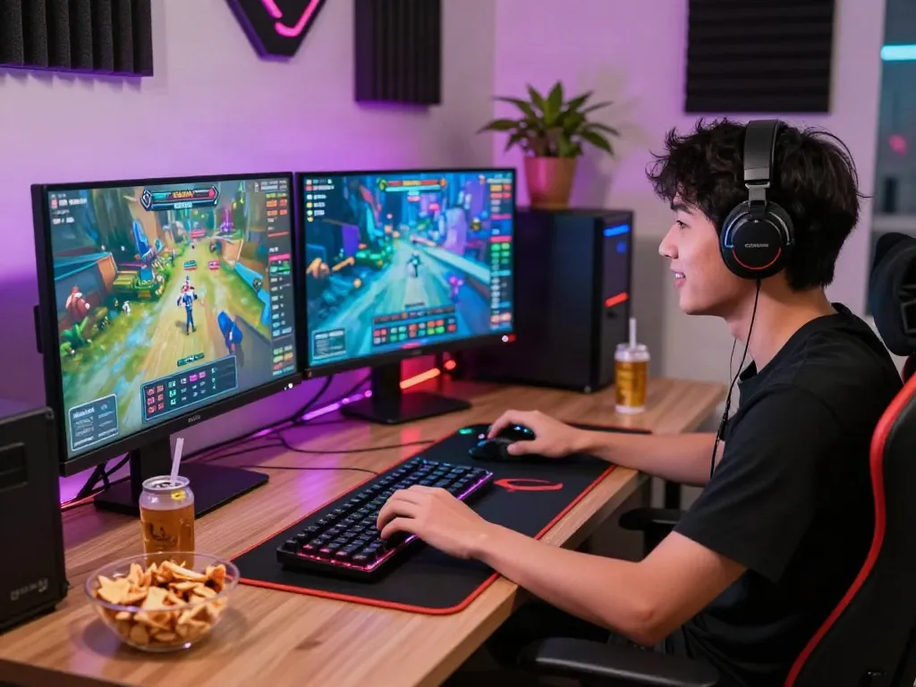 Engaged gamer enjoying hargatoto online gaming with multiple screens and ambient lighting.
