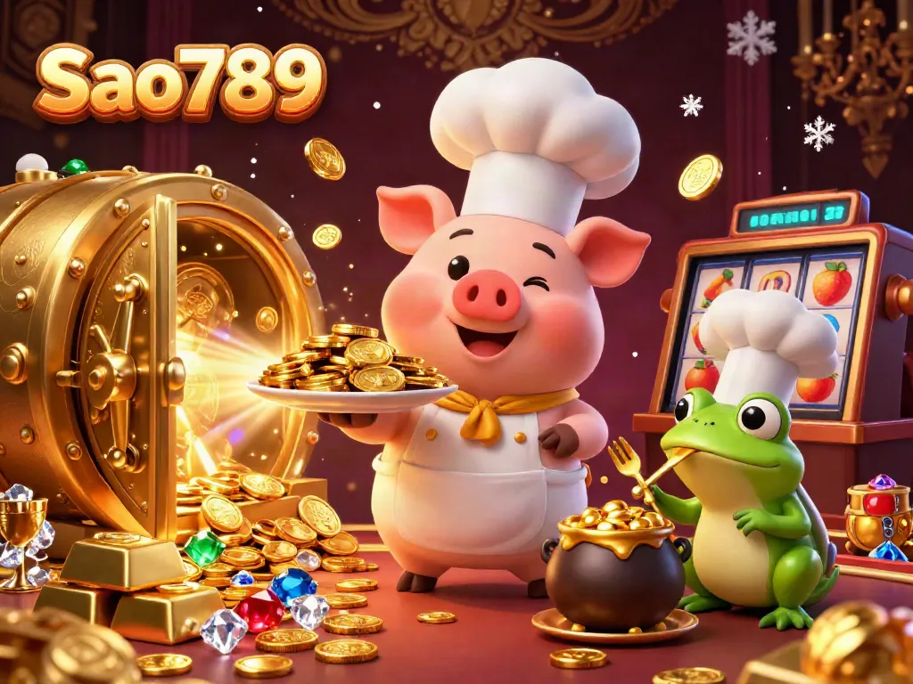 Sao789 captivates players in a vibrant casino scene with gold coins, slot reels, and enchanting characters.