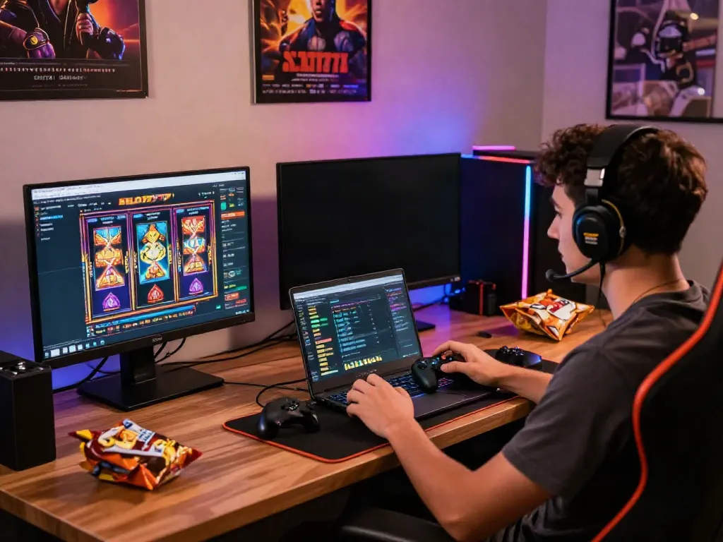 Excited gamer enjoying slot games on link slot777 with vibrant lights and accessories.