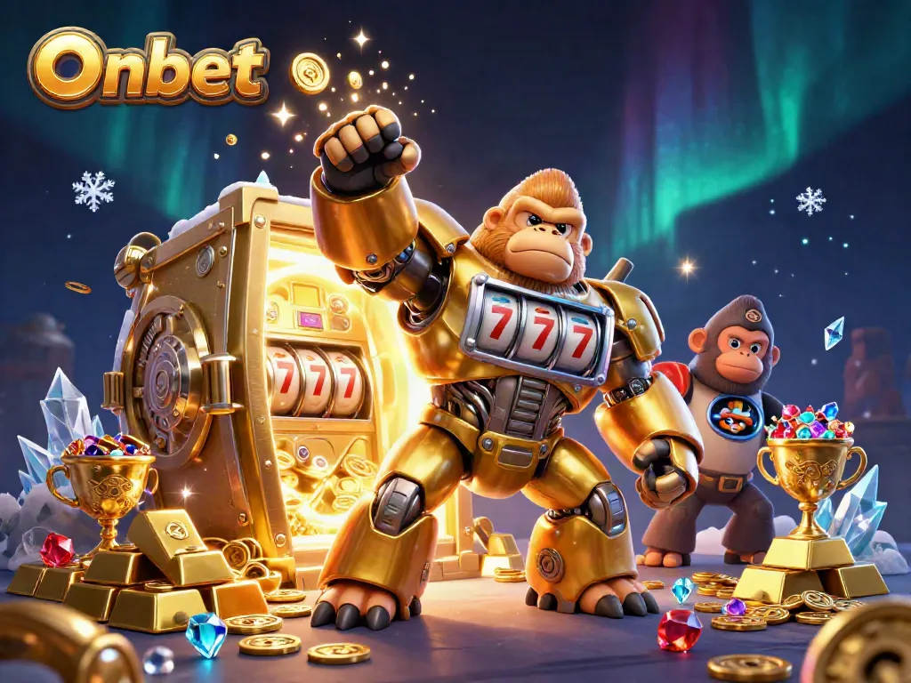 Experience the thrill at Onbet with dynamic golden gorilla mech and treasures bursting forth!