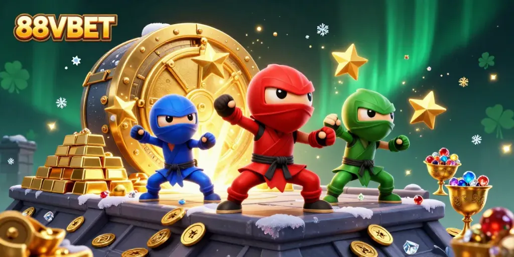 Experience thrilling gameplay with 88VBET's vibrant chameleon ninjas showcasing synchronized martial arts and treasure.