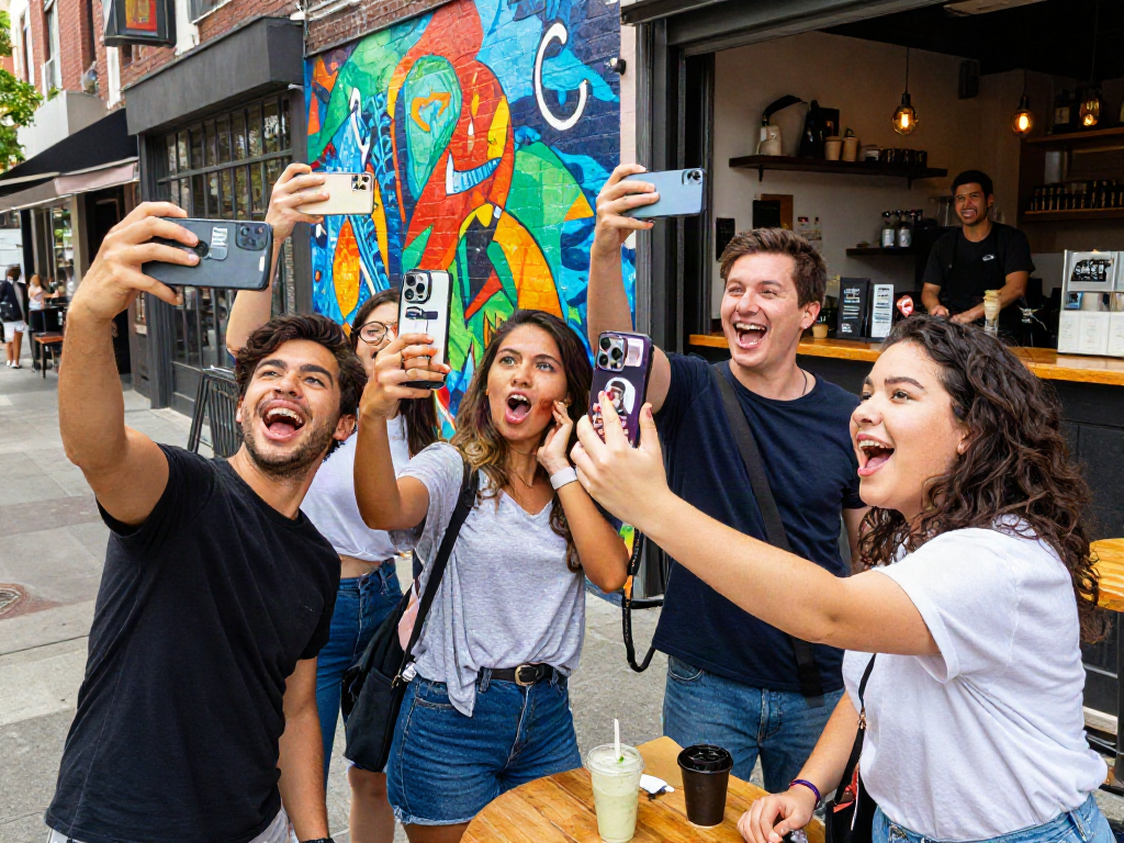 Friends comparing selfies with celebrity look alike app in vibrant urban setting.