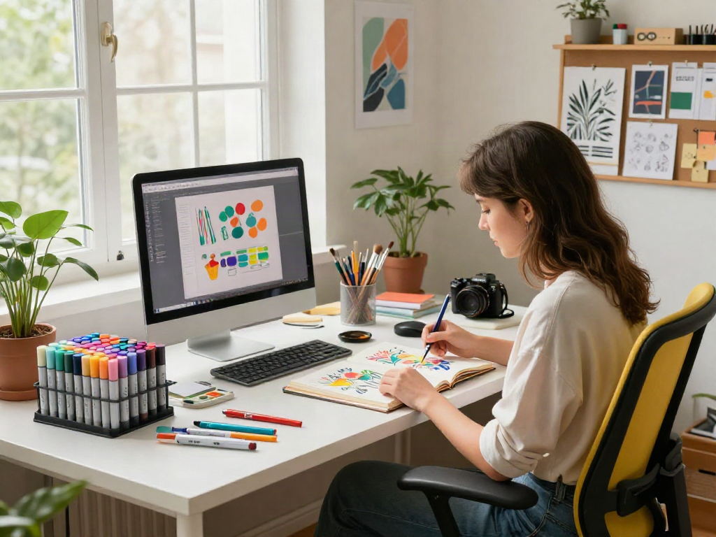 Vibrant workspace filled with markers wholesale and art supplies, showcasing a designer at work.