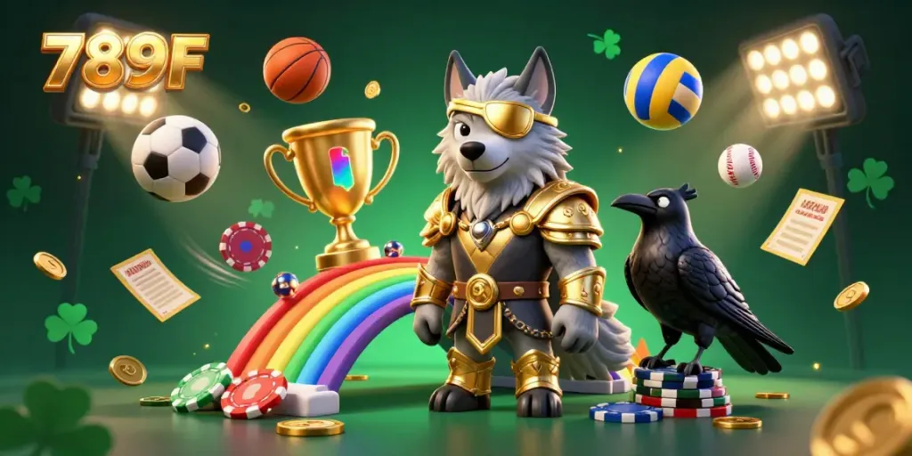 Experience thrilling gameplay at 789F with a vivid 3D casino scene featuring lively characters and sports elements.