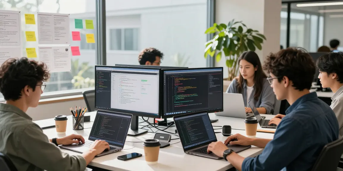 MVP development service in action as a software team collaborates in a modern workspace with dual monitors and design tools.