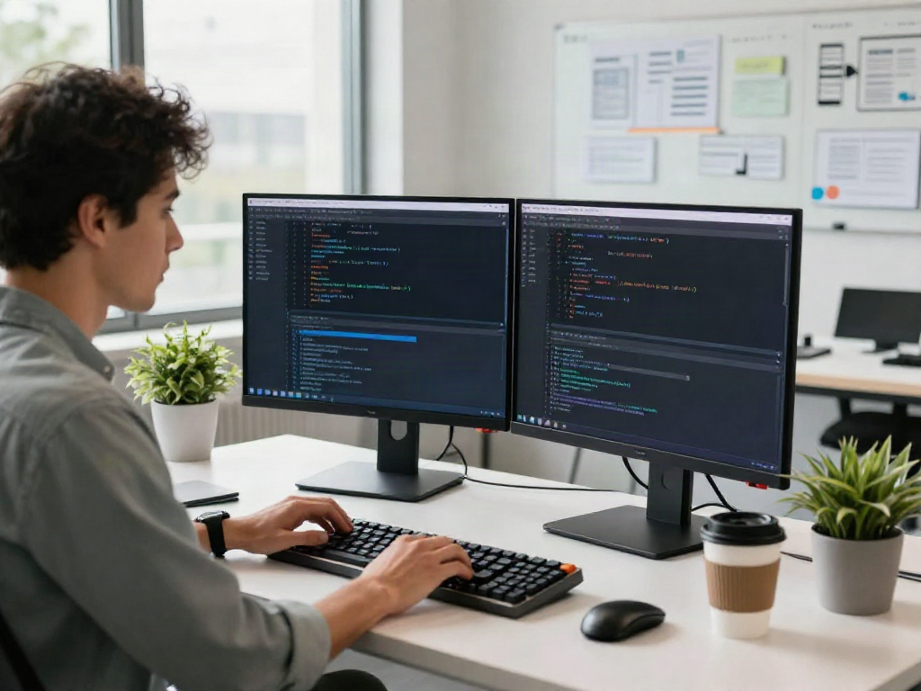 Developer working in a modern workspace showcasing OpenAI-compatible API integration setup.