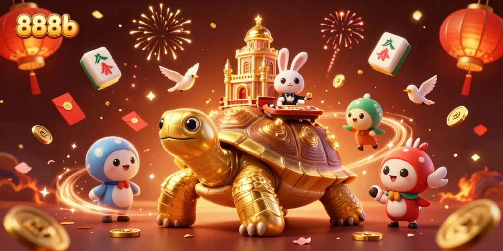 Spin lucky games and win at 888b with vibrant casino scenes featuring animated tortoise and dealer.