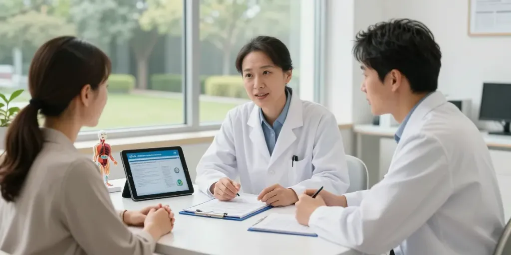 Patient consultation discussing CAR T-cell immunotherapy with a doctor in a modern healthcare setting.