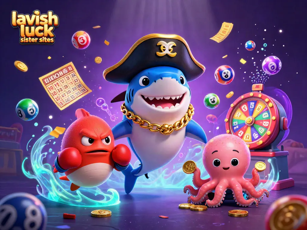 Explore lavish luck sister sites with dynamic characters and colorful casino elements in this engaging illustration.