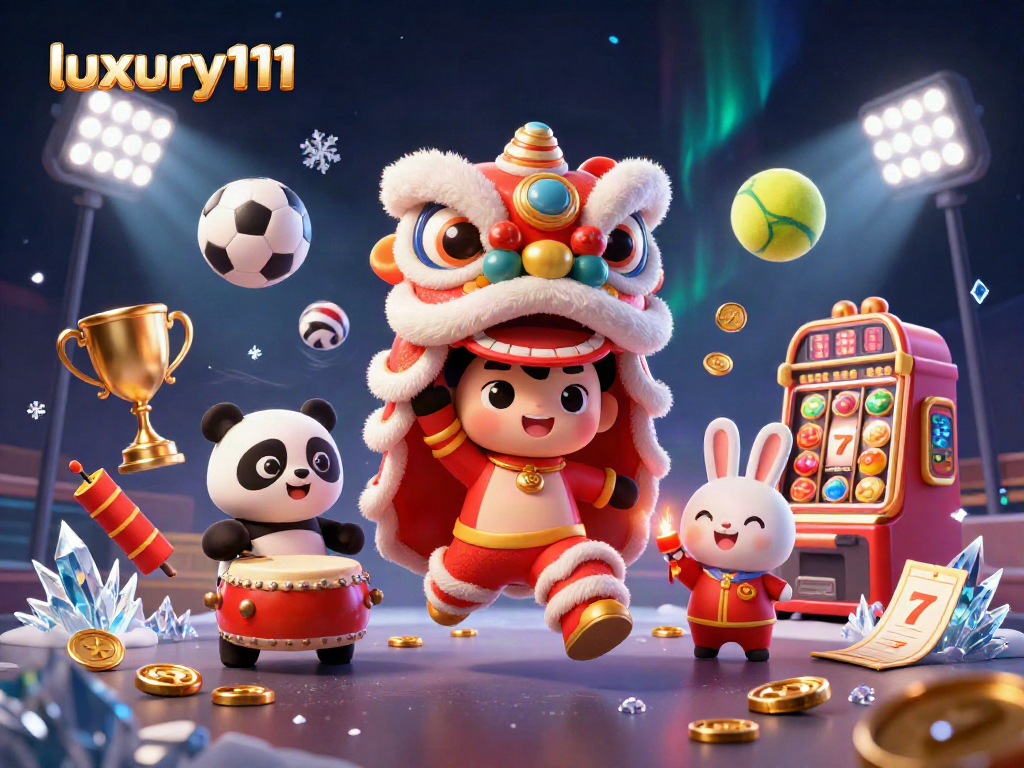 Engage in lively games with luxury111, featuring a lion dance, drumming panda, and sports elements.