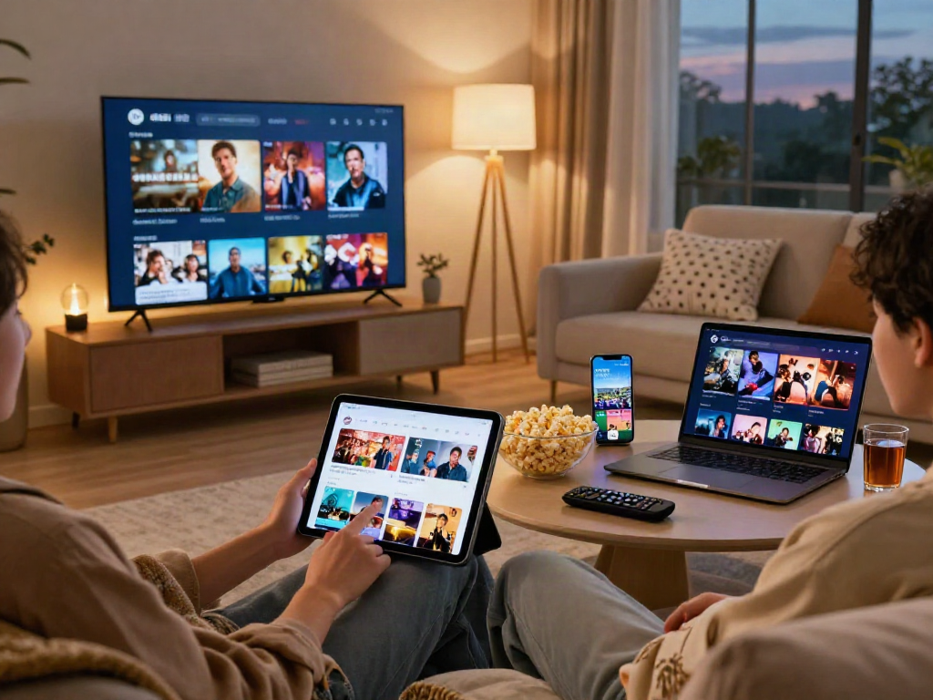 Engaging user enjoying the Pikashow app on a tablet in a cozy living room.