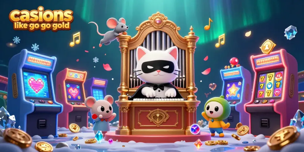 Play exciting games like casinos like go go gold with a vibrant casino scene featuring animated characters, slot machines, and musical notes.