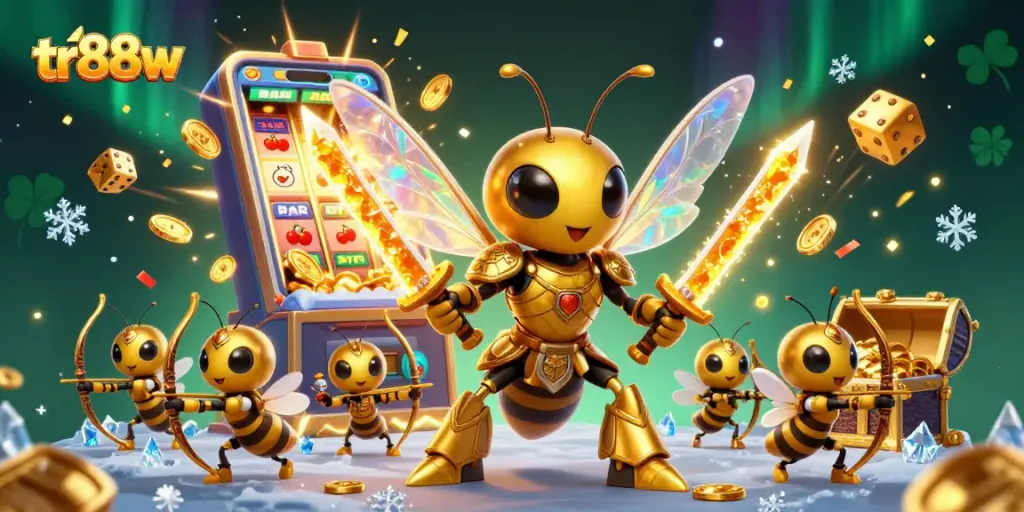 Spin to win with tr88w's captivating 3D illustration of a golden hornet in a casino setting.