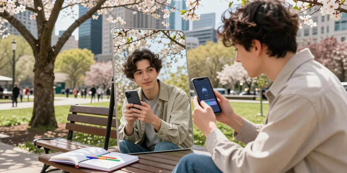 Person checking how old do I look using a smartphone app in a vibrant park.