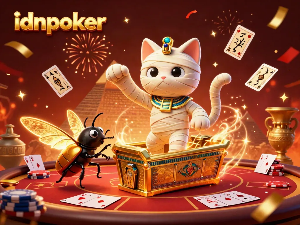 Mainkan idnpoker dengan mumi kartun Mesir dan elemen kasino yang meriah di ilustrasi 3D ini.