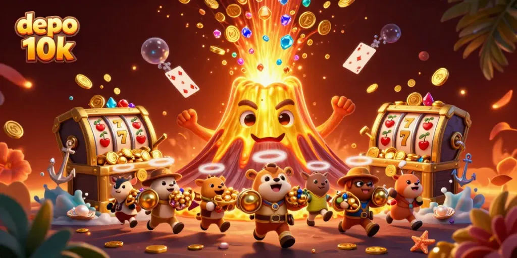 Experience the thrill with deposito 10k jackpot wins in a vibrant 3D casino adventure scene.