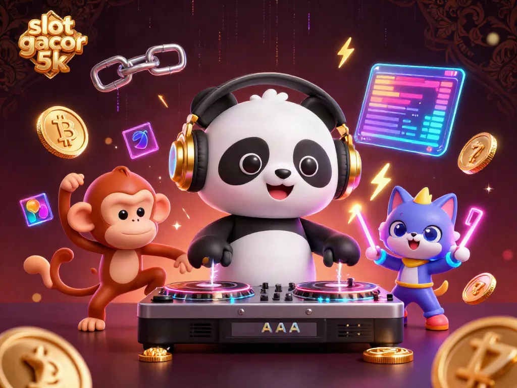 Engage with slot gacor 5k through a vibrant scene featuring a DJ panda, dancing monkey, and rave kitten amidst glowing crypto coins and slot symbols.
