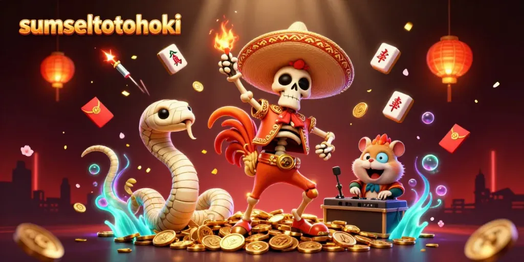 Sumseltotohoki features a lively 3D illustration of casino characters celebrating amidst vibrant gaming symbols and atmospheric effects.