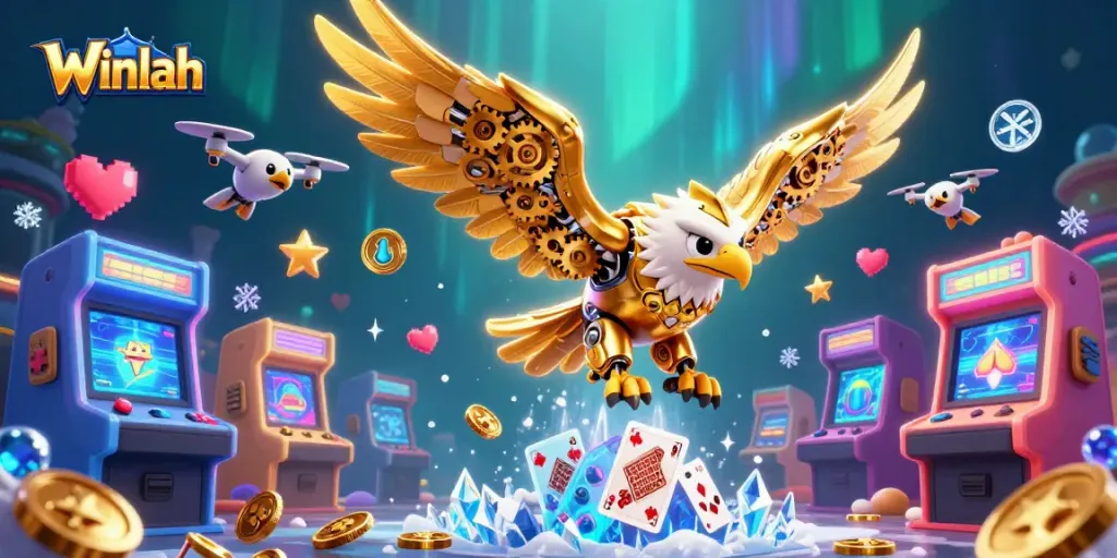 Winlah offers thrilling casino experiences with vibrant holographic cards and a dynamic eagle.