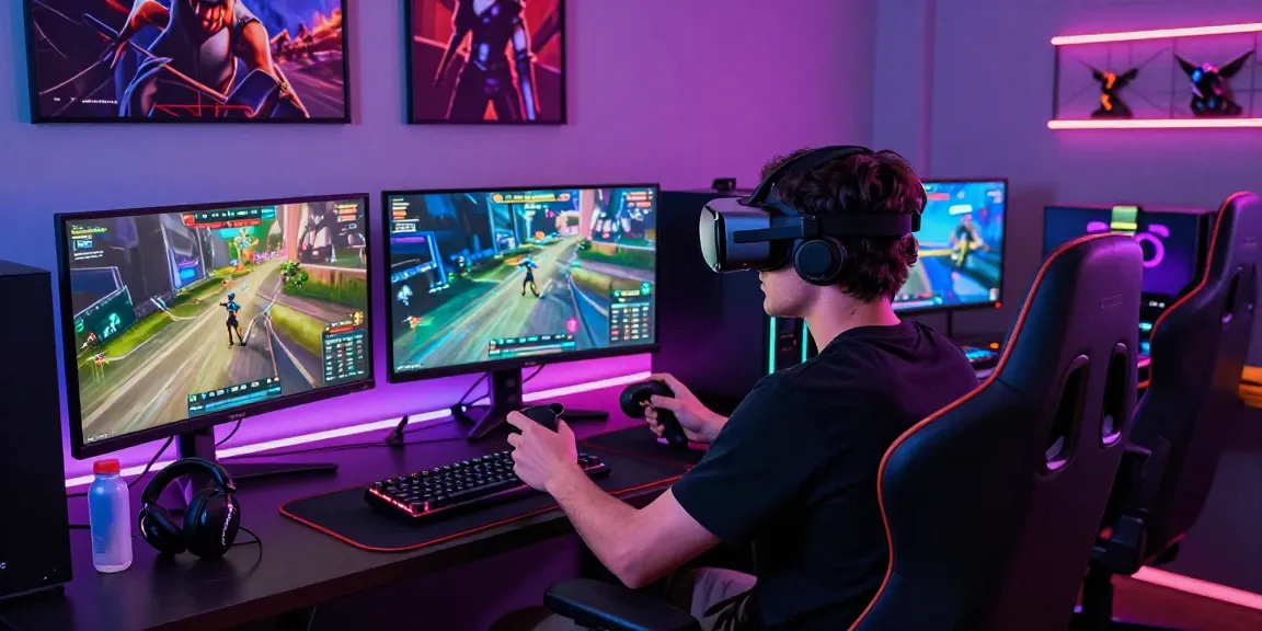 Pengaturan permainan online modern dengan luxury111, gamer menggunakan headset VR dan dikelilingi oleh layar game berbinar.