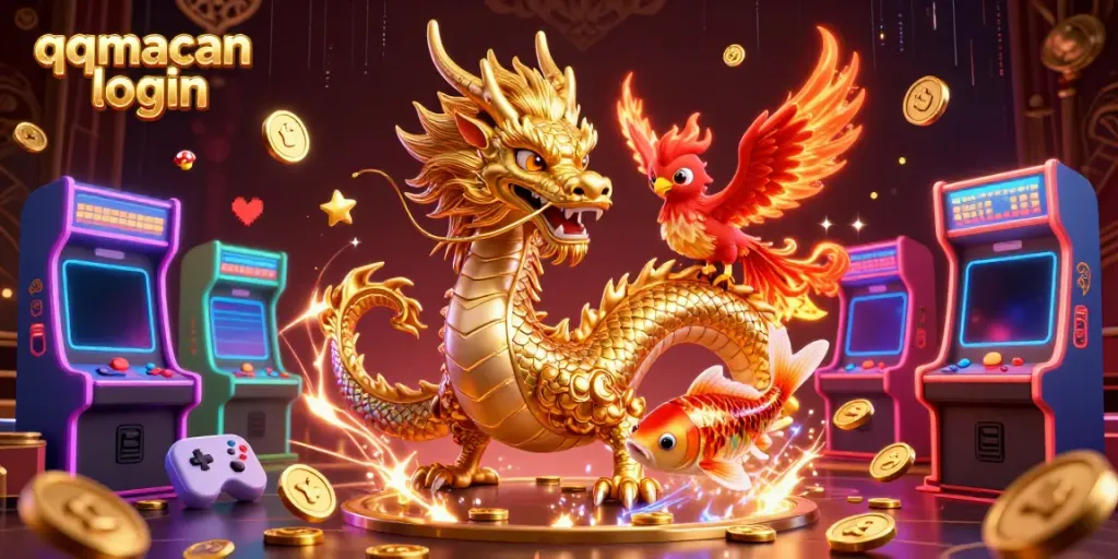 Experience the qqmacan login adventure with a fierce dragon and phoenix amidst a wealth of coins and gaming elements.