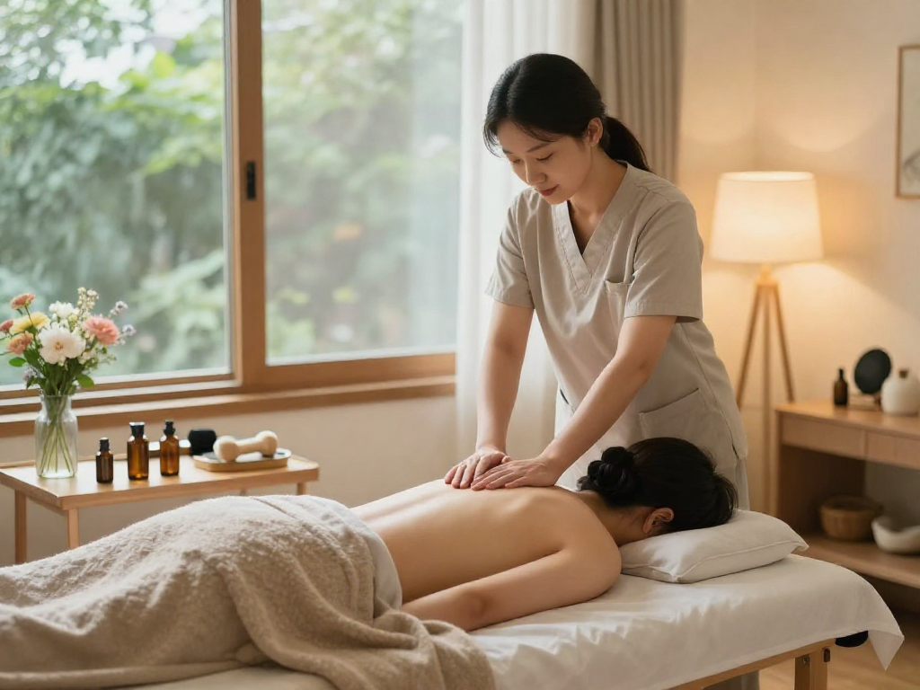 서대문출장마사지 session in a serene living room, showcasing relaxation and wellness.