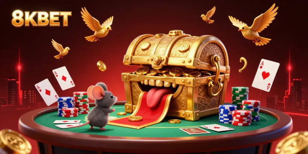Experience the excitement of 8KBET with cartoon mice discovering treasure at a lively poker game.