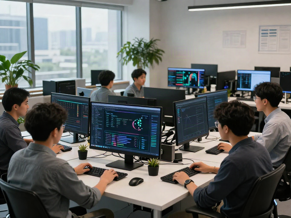 Team analyzing what are AI tokens in a high-tech workspace with data displays.