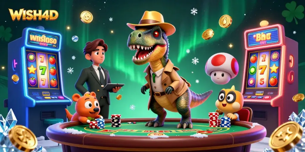 WISH4D captures a thrilling blackjack moment with dinosaurs in a colorful casino setting.