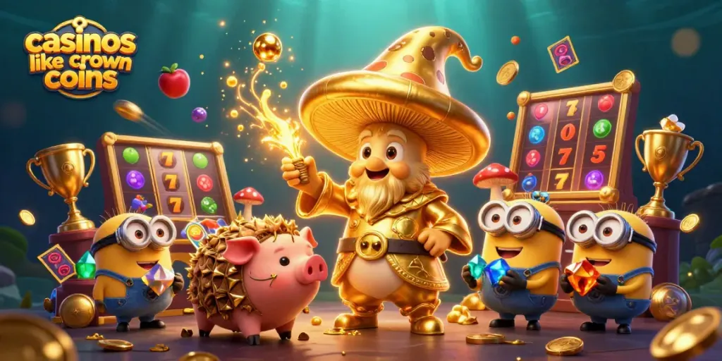 Engage with top casinos like Crown Coins through slot gameplay, featuring vibrant characters and dynamic elements.