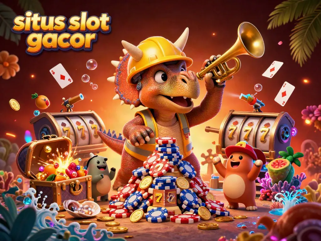 Menyaksikan situs slot gacor dengan triceratops dan parasaurolophus di tengah gemerlap kasino.
