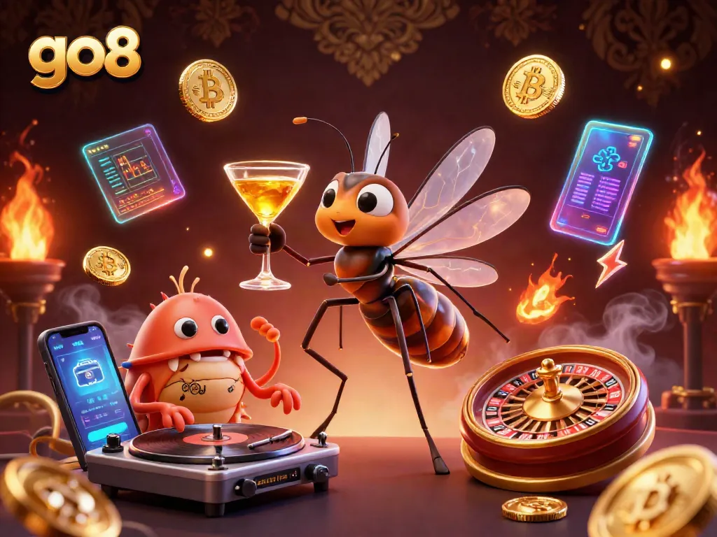 Engage in gambling strategies with go8's vibrant casino scene featuring unique characters and crypto elements.
