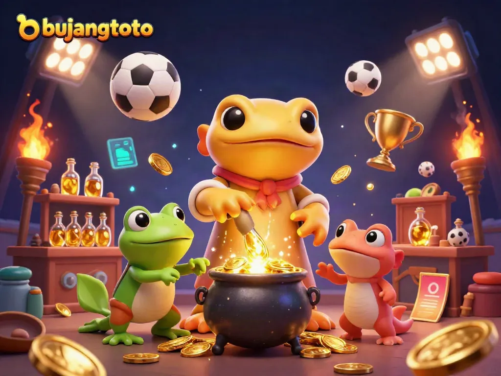 Bujangtoto's golden salamander alchemist transforms metals into gold coins in a vibrant casino scene.