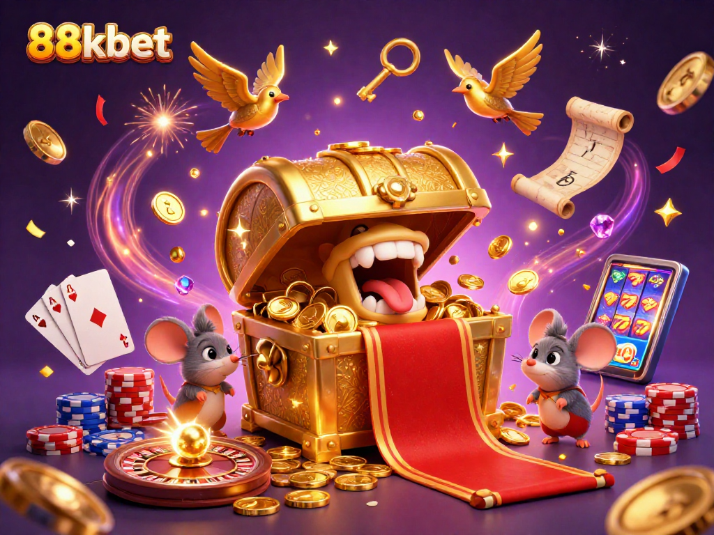 88kbet adventures begin with animated treasure chests and vibrant casino elements.