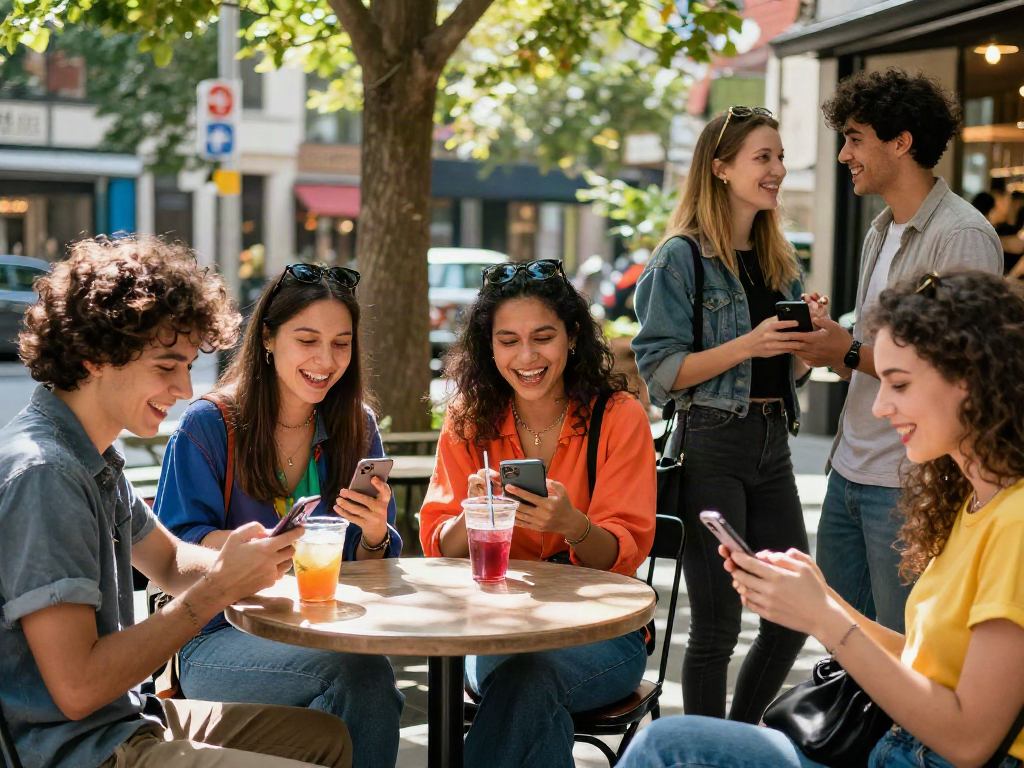 Group of young adults testing attractiveness at a café, showing diverse styles and expressions of joy.