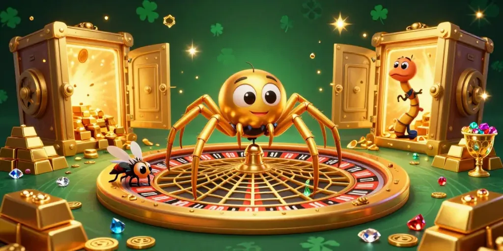 Engage in thrilling gaming experiences with Go88, featuring a lucky spider at a roulette wheel amidst treasure.