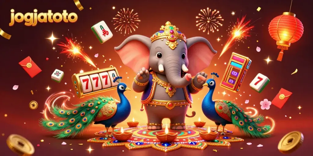 Engage in joyful gambling with jogjatoto's vibrant online experience featuring festive elements and gaming symbols.