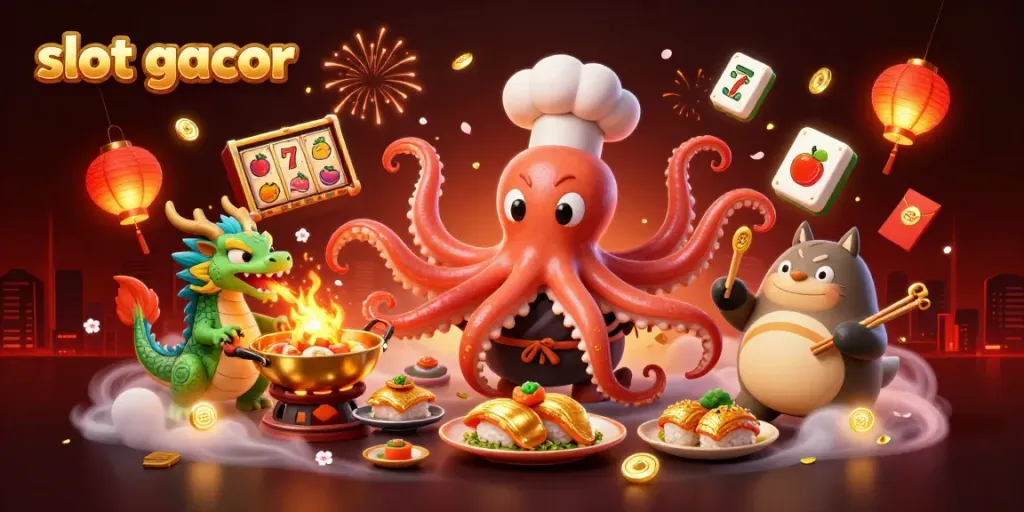 Mainkan slot gacor di BETON88 dengan ilustrasi unik dari karakter kartun Chef Sushi, Naga Wasabi, dan pelanggan Tanuki