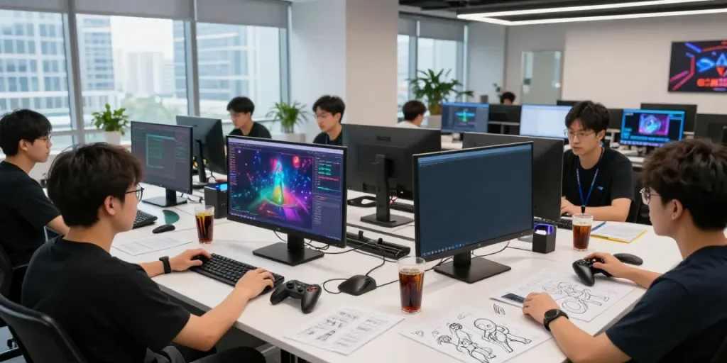Cảnh làm việc trong studio phát triển game với nhóm kỹ sư công nghệ tập trung vào dự án n188.
