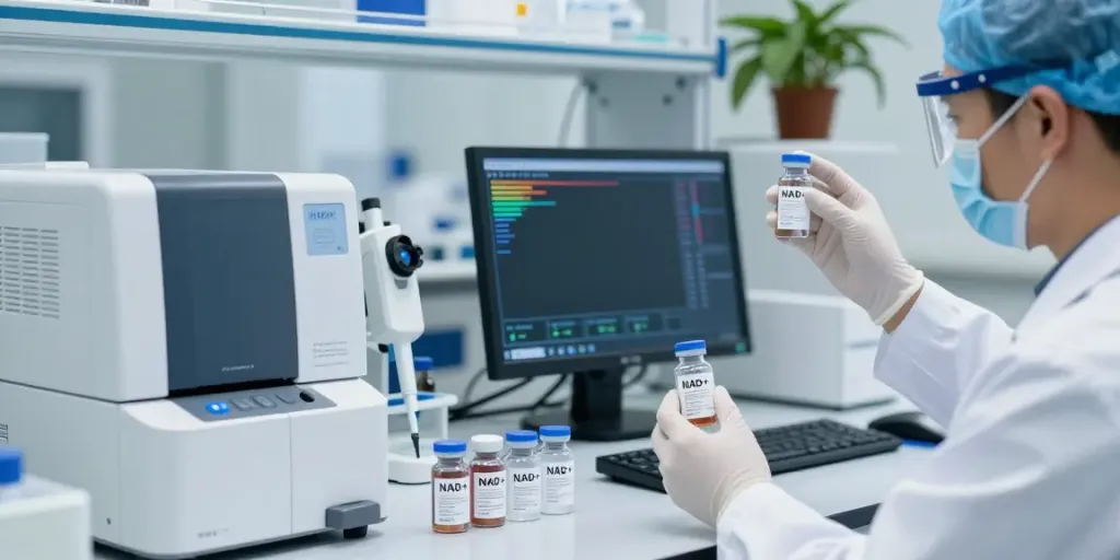 Researcher examining NAD+ vial quality, emphasizing buy NAD+ vial online standards in a professional lab.
