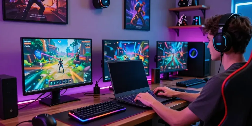 Luxury333 link showcasing an immersive gaming workspace with vibrant LED lighting and high-end gaming accessories.